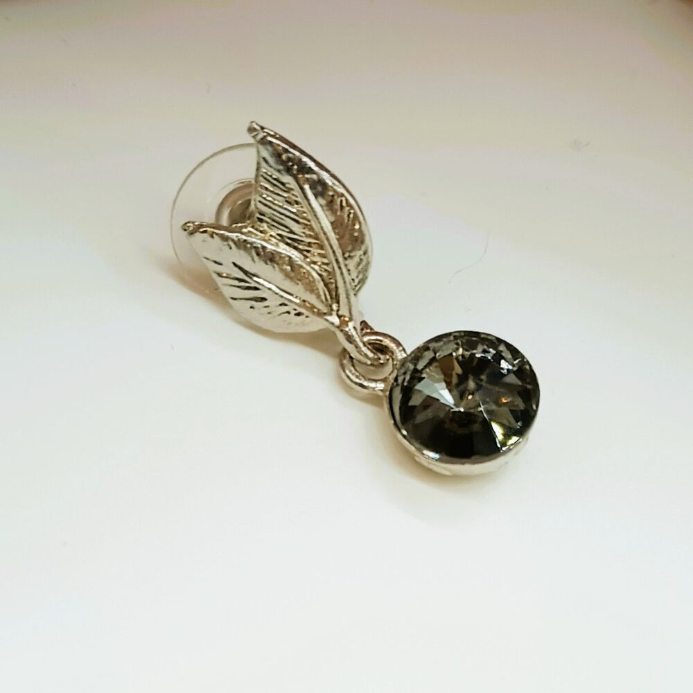 Silver Leaf Drop Dangle Earrings Smoky Gray Bezel Set Stone Fall Post Jewelry